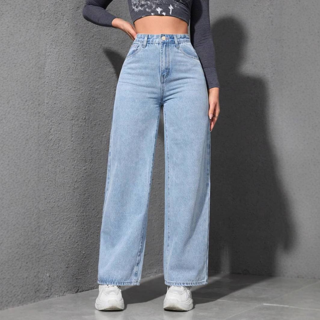 جينز نسائي واسع مستقيم بخصر مرتفع - أزرق داكن/أزرق فاتح/أسود