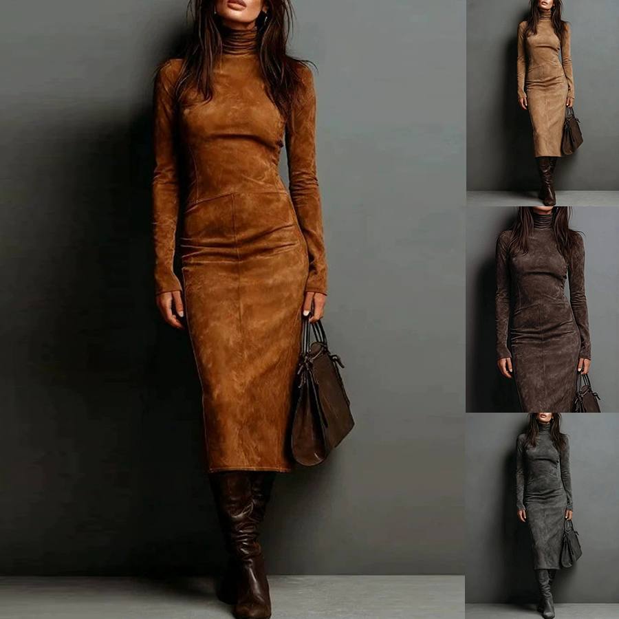 فستان نسائي بياقة طويلة (Turtleneck) بأكمام طويلة وقصة ضيقة Bodycon - Polyester - مقاسات S,M,L,XL,XXL